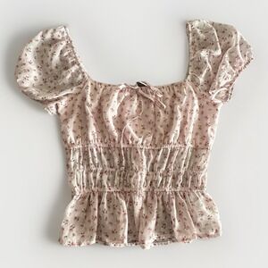Pink Floral Puff Sleeve Smocked Peplum Top Cottagecore Coquette Romantic M